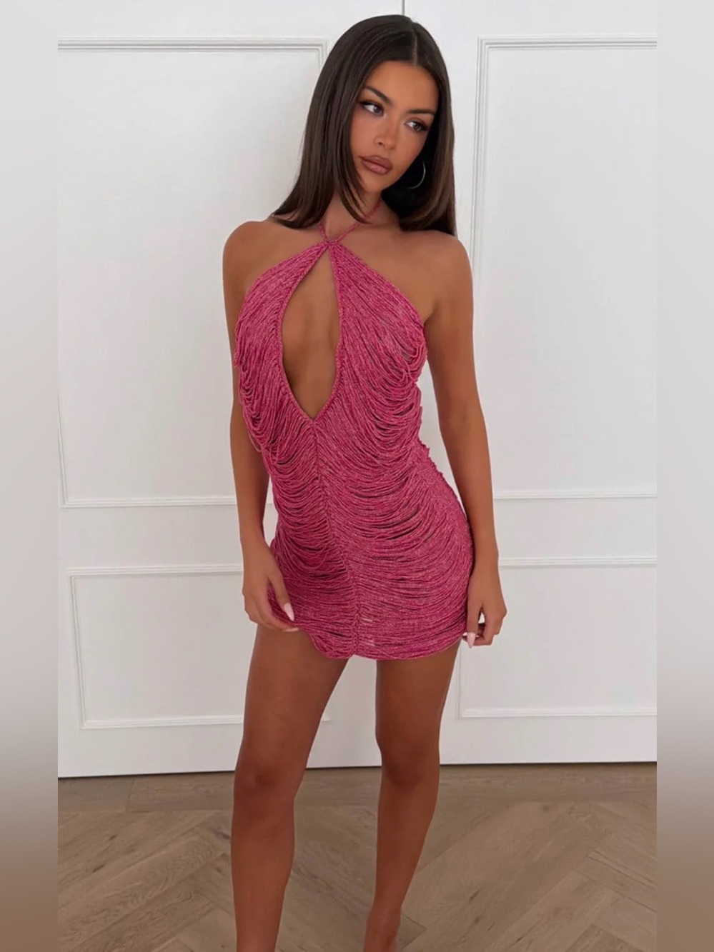 Halter Cutout Ruched Mini Dress in Raspberry Pink